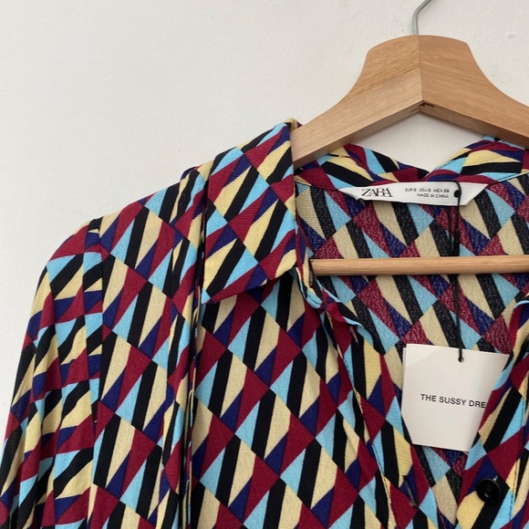 Zara The Sussy Geometric Button Front Maxi Dress with Tie Neck Size Small - Picture 4 of 7